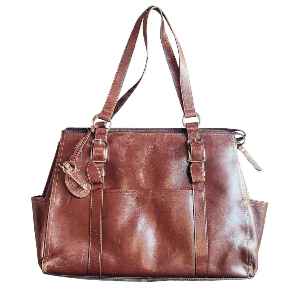 Fossil Long Live Vintage Brown Leather Tote Bag Satchel Key Charm Organize Large